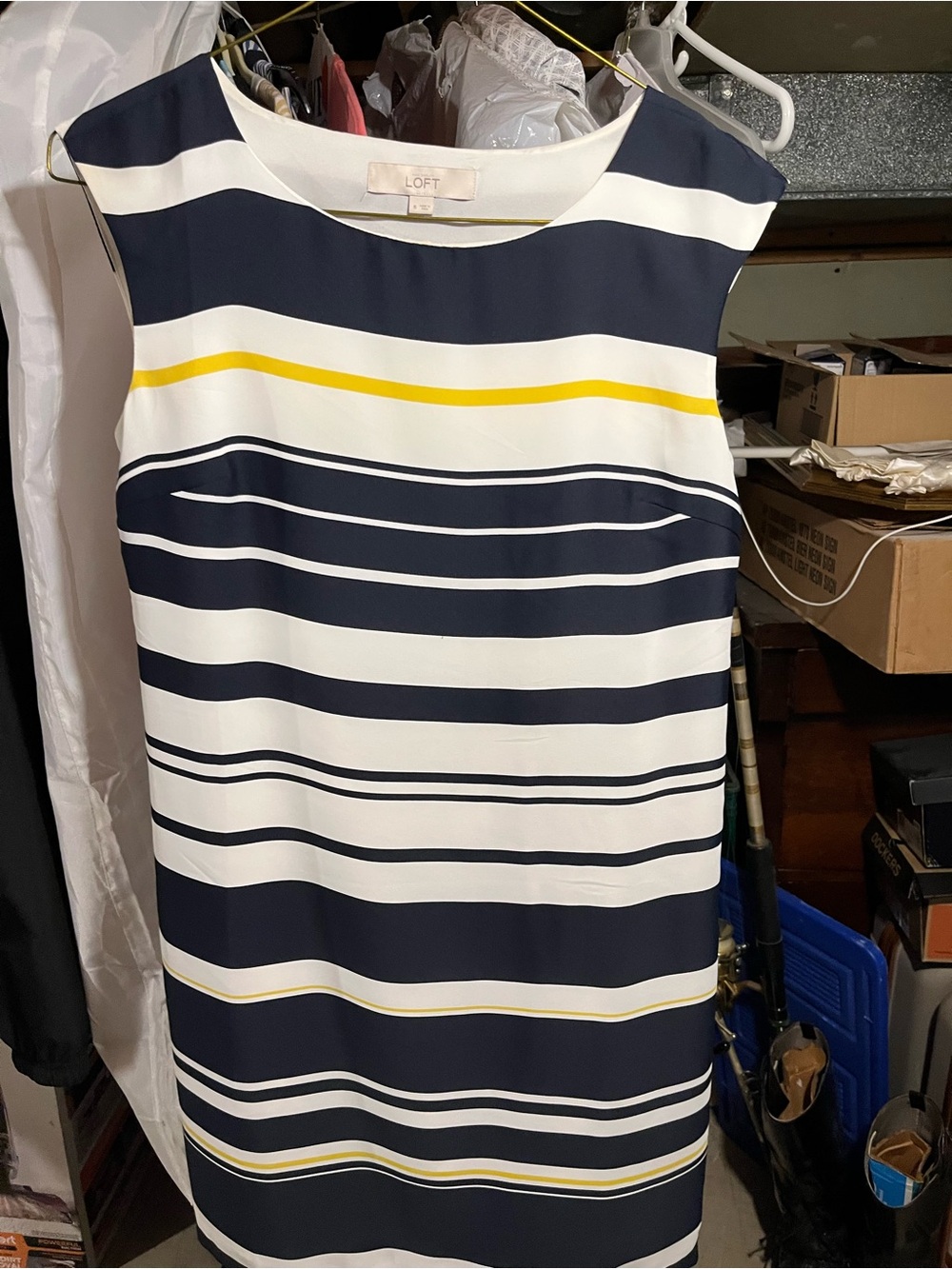 LOFT Navy, White & Yellow Striped Sleeveless Shift Dress